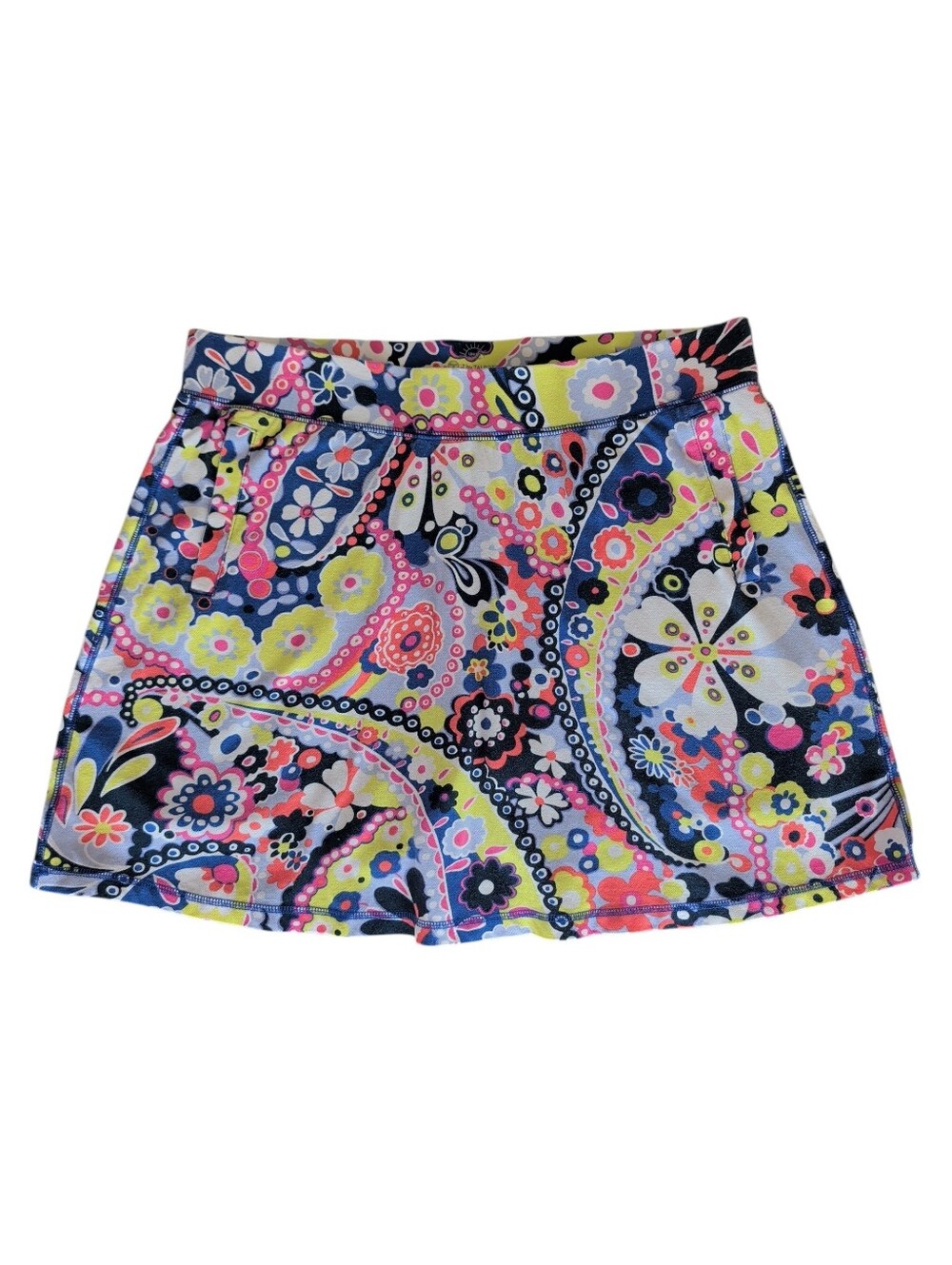 T by Talbots Daisy Paisley Print Athletic Skort w/Pockets LARGE Blue Yellow